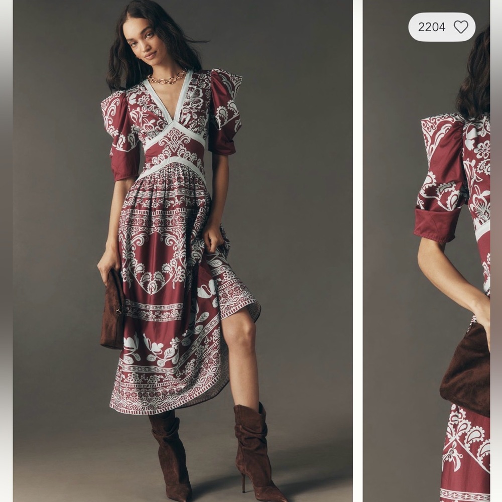 NWT Farm Rio x Anthropologie Printed V-Neck Puff-Sleeve Maxi Dress